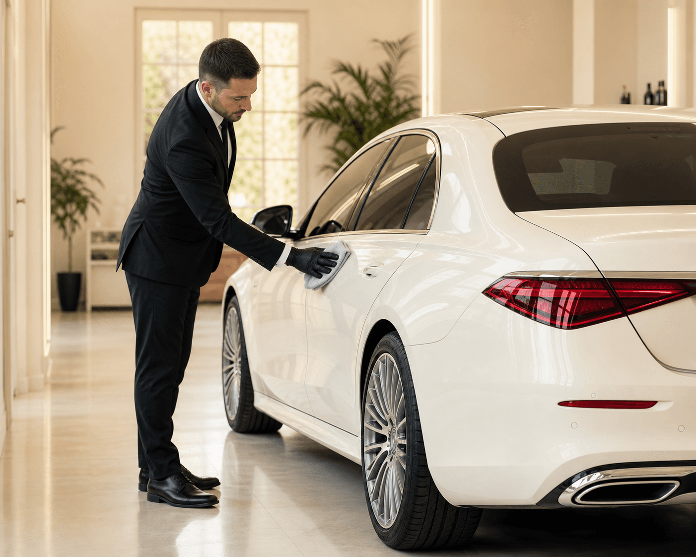 Chauffeur in a black suit detailing a white luxury wedding car