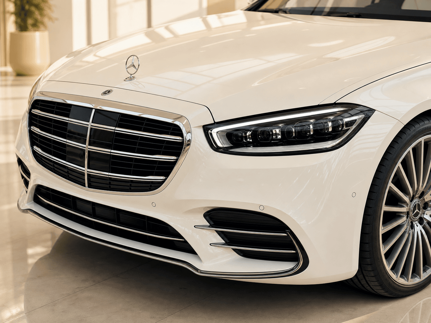 Mercedes-Benz S-Class grille, headlight and front wheel detail